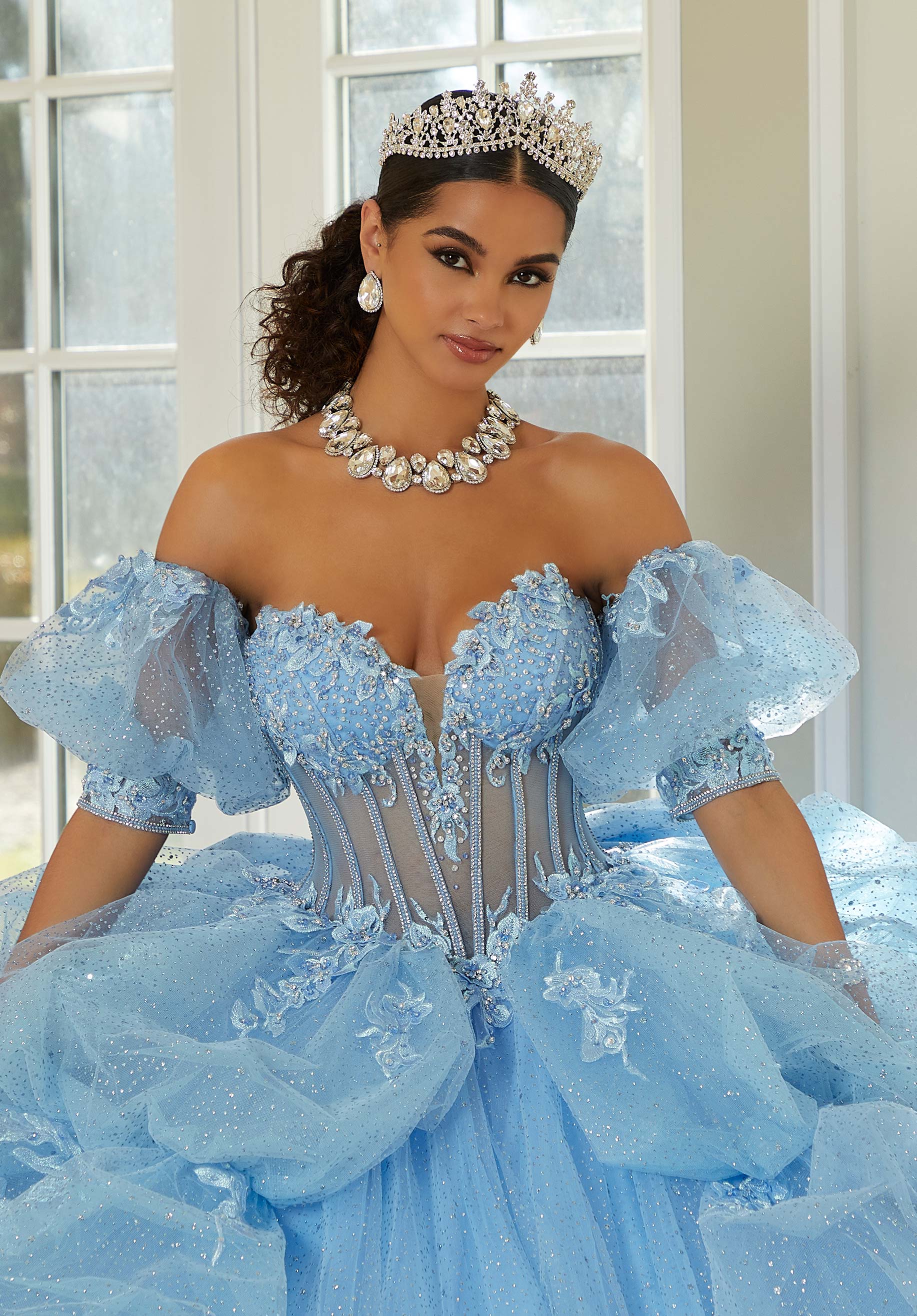 Three-Dimensional Floral Metallic Embroidered Quinceañera Dress with Waterfall Back Skirt - Image 4