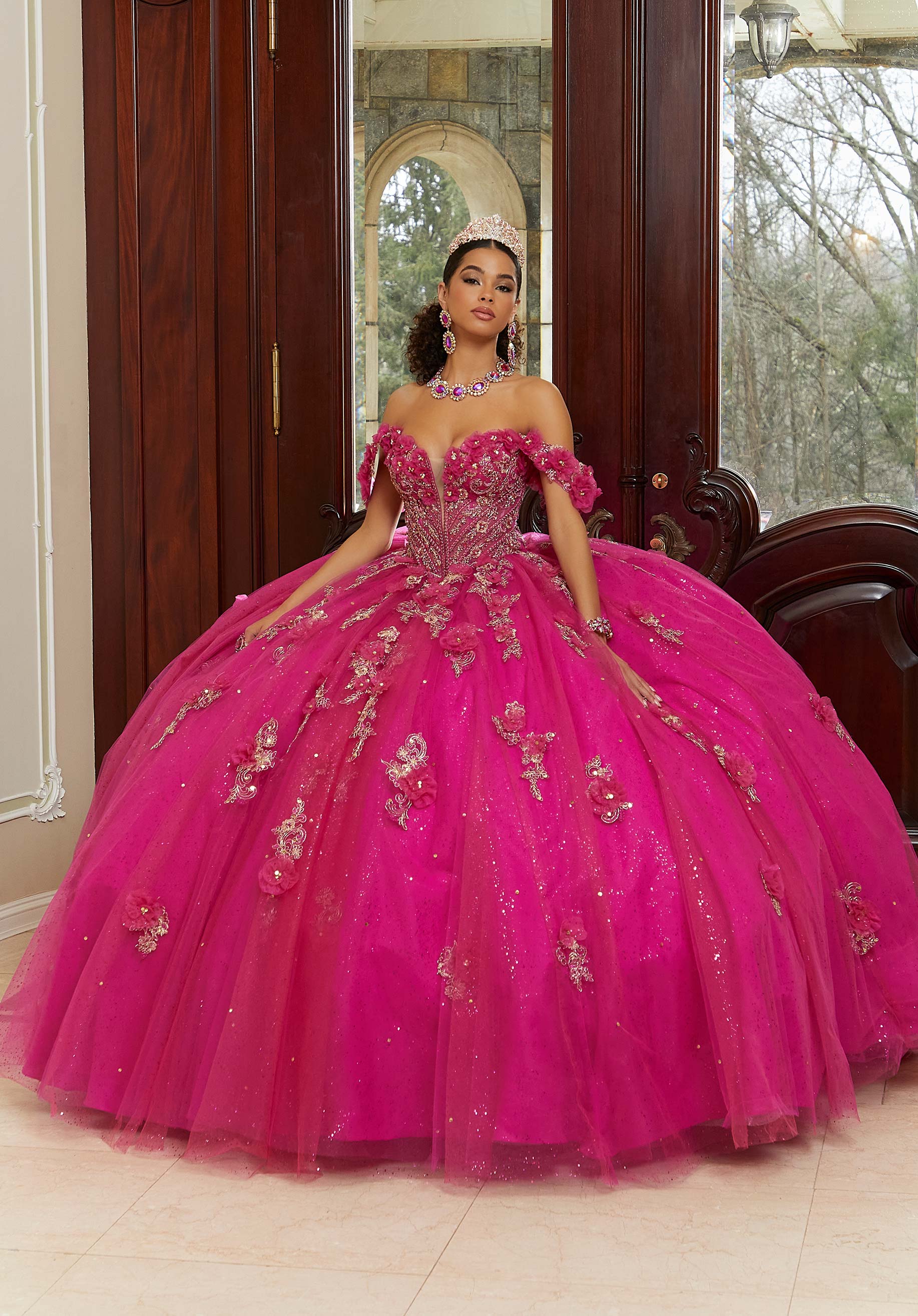 Three-Dimensional Flowers and Metallic Lace Sparkle Tulle Quinceañera Dress - Image 3