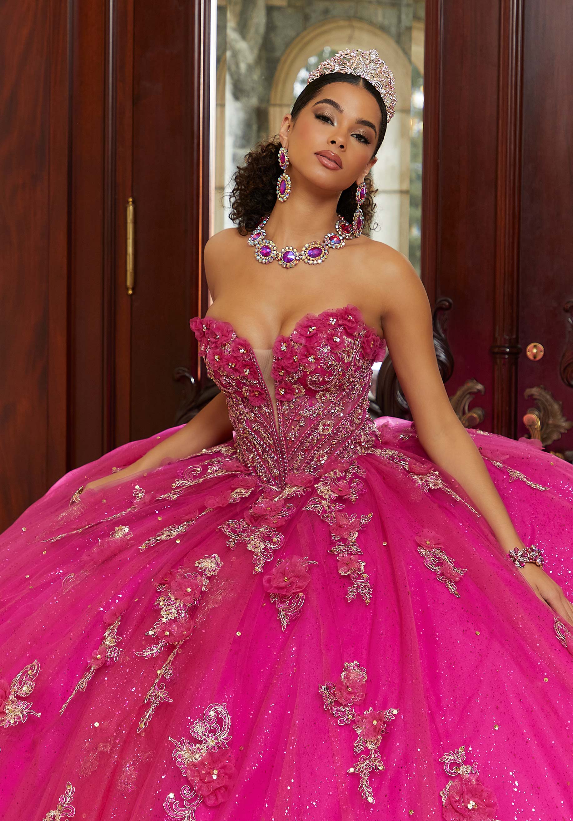 Three-Dimensional Flowers and Metallic Lace Sparkle Tulle Quinceañera Dress - Image 4