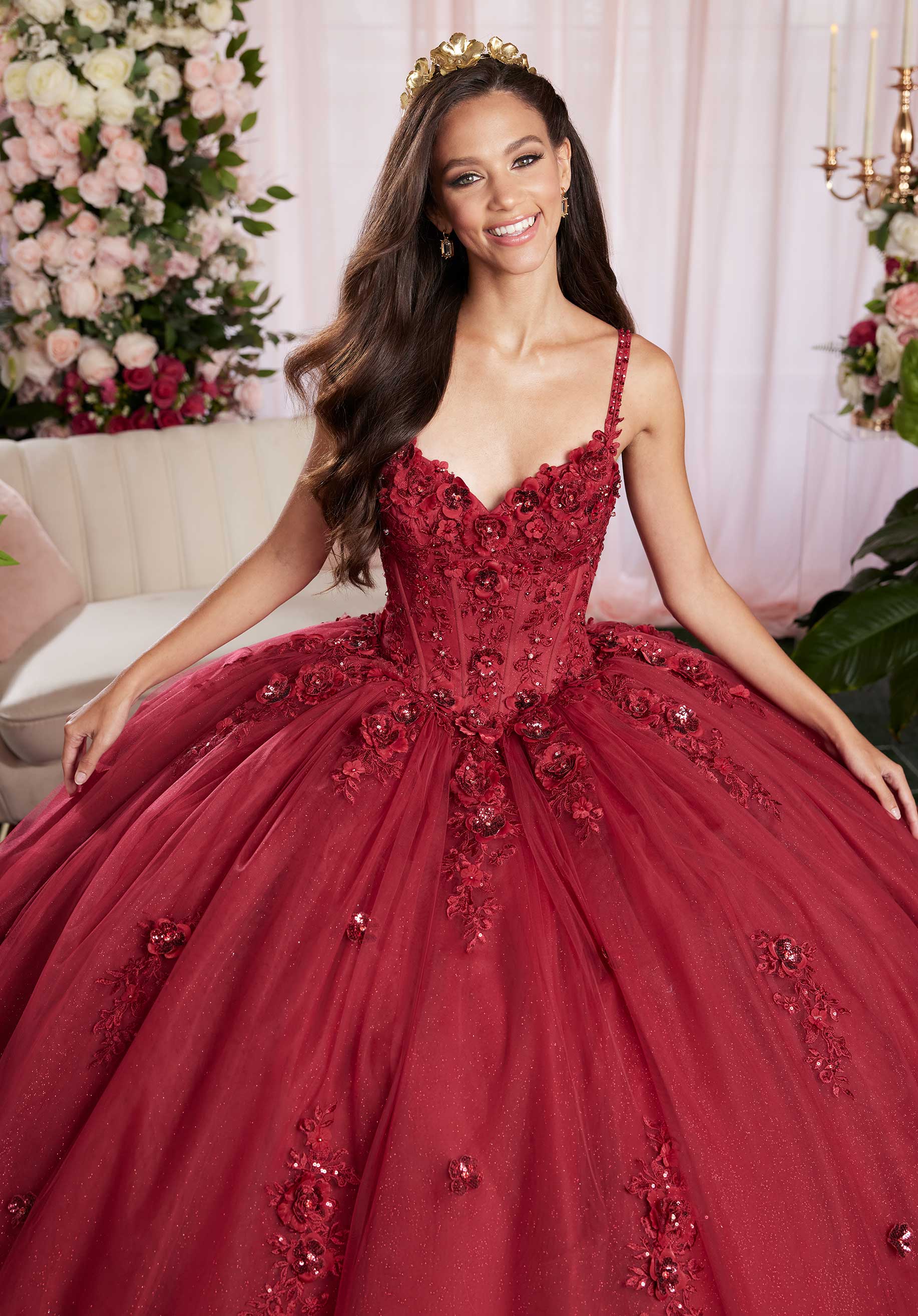 Three Dimensional Sequin Floral Quinceañera Dress with Fly Away Pouf Sleeves - Image 6