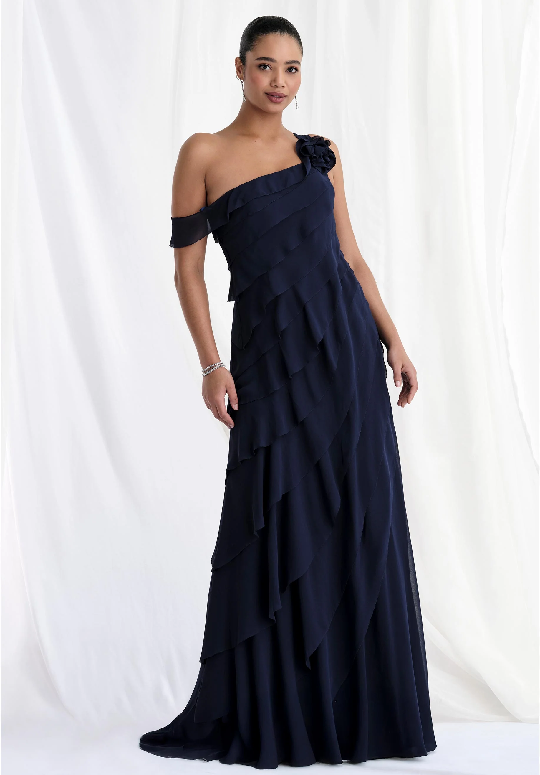 Tiered Chiffon One Shoulder Evening Gown - Image 3