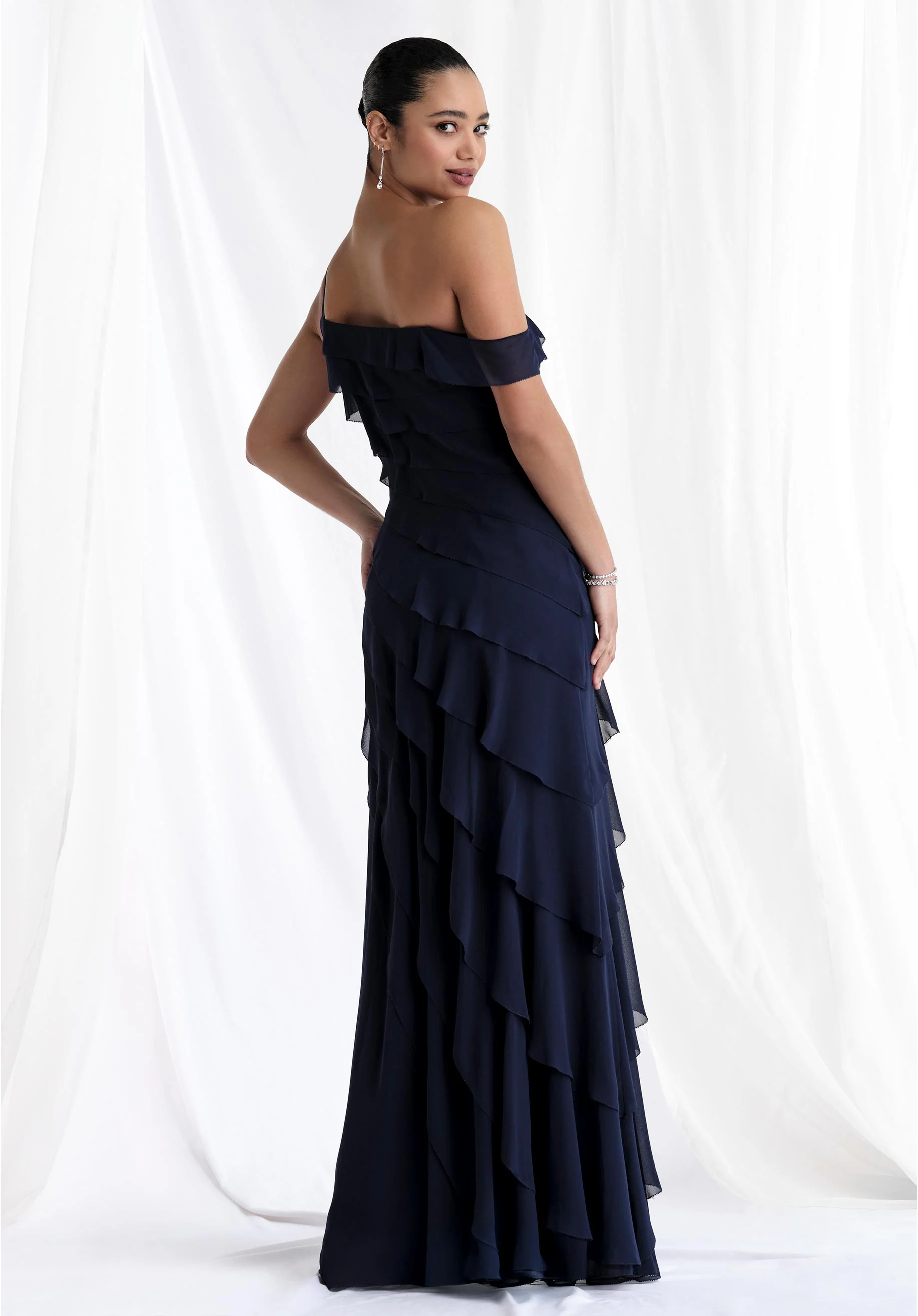 Tiered Chiffon One Shoulder Evening Gown - Image 5