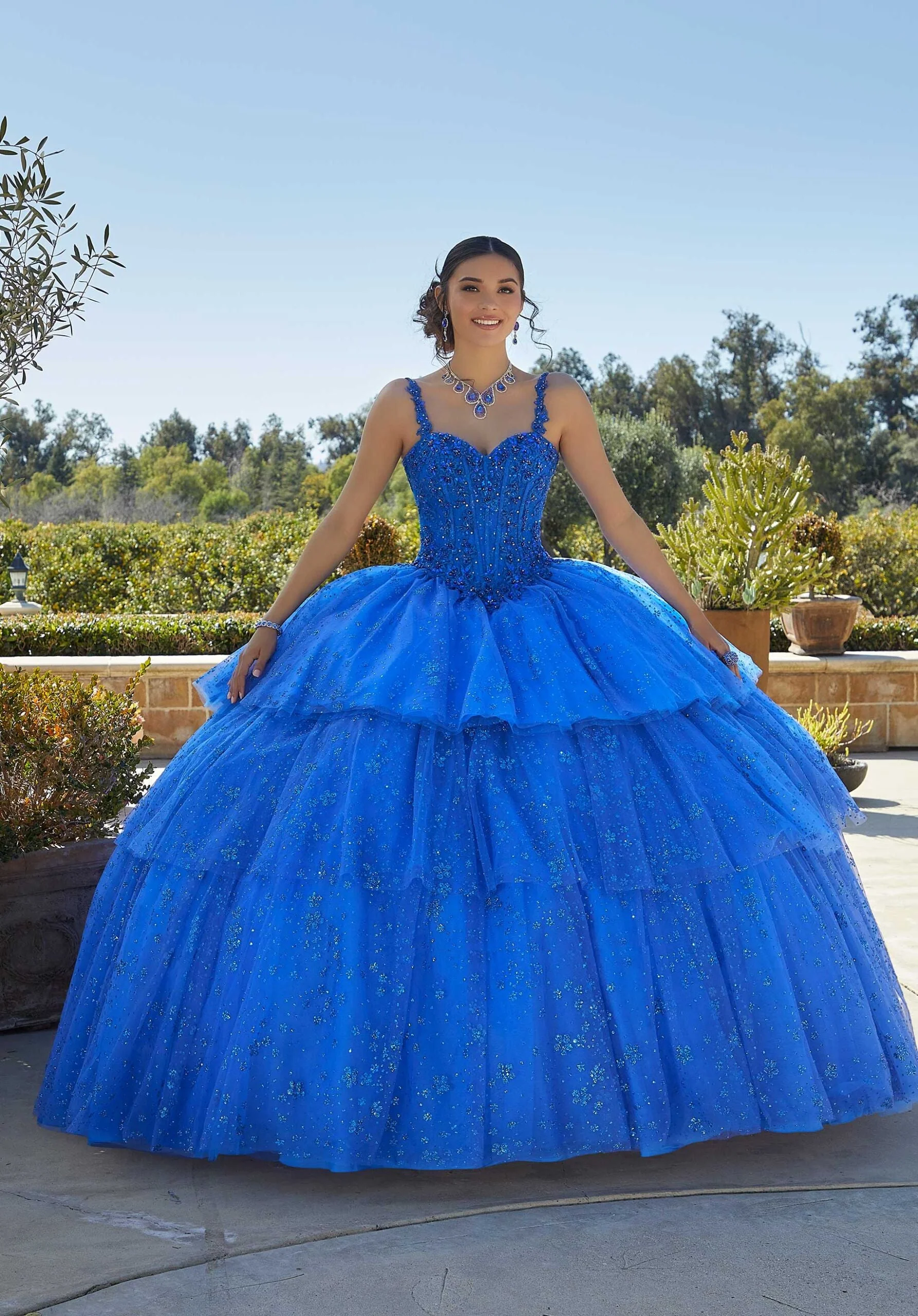 Tiered Printed Glitter Quineañera Dress