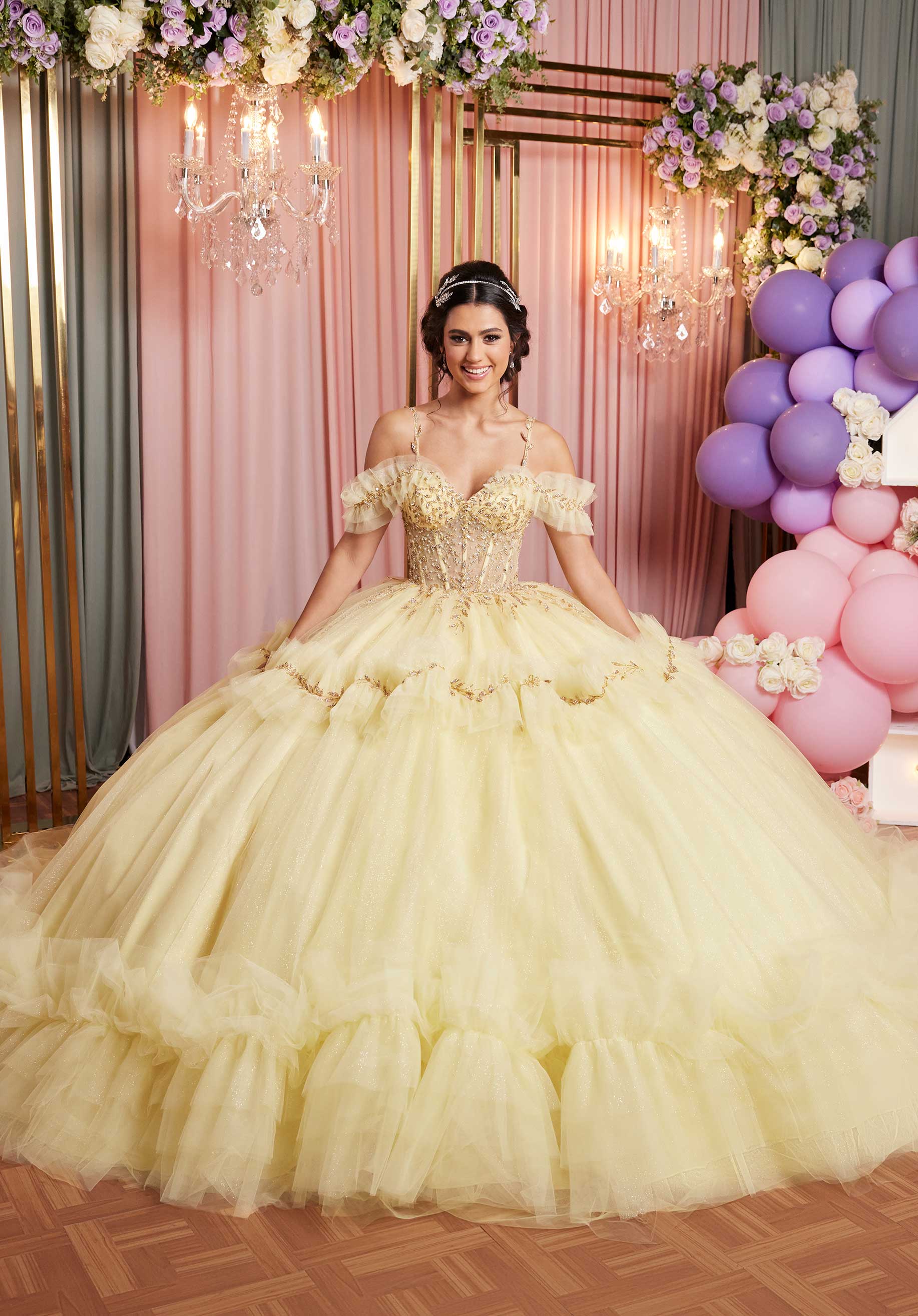 Tiered Ruffle Glitter Tulle Quinceañera Dress with Crystal Floral Embellishments - Image 3
