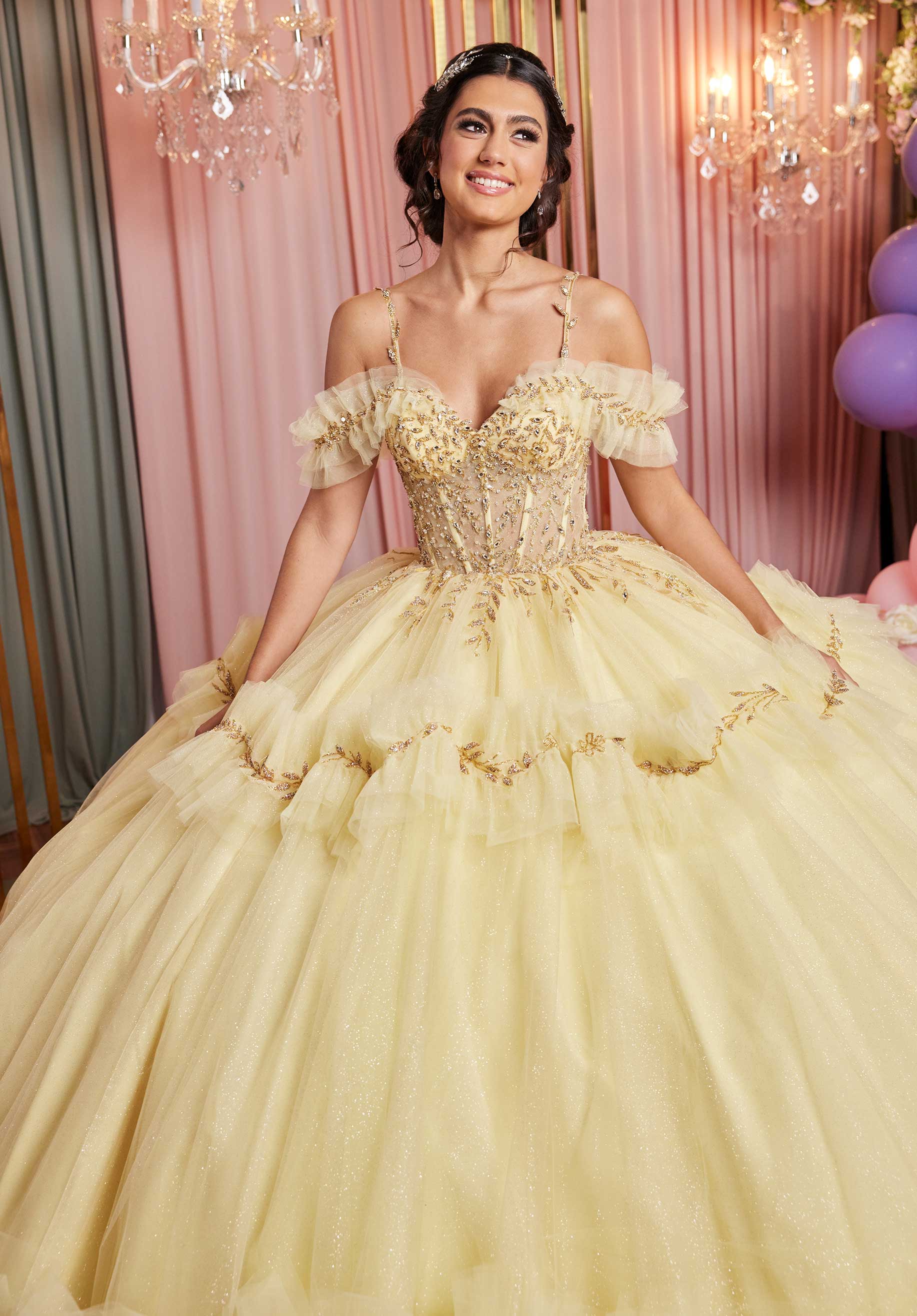Tiered Ruffle Glitter Tulle Quinceañera Dress with Crystal Floral Embellishments - Image 4