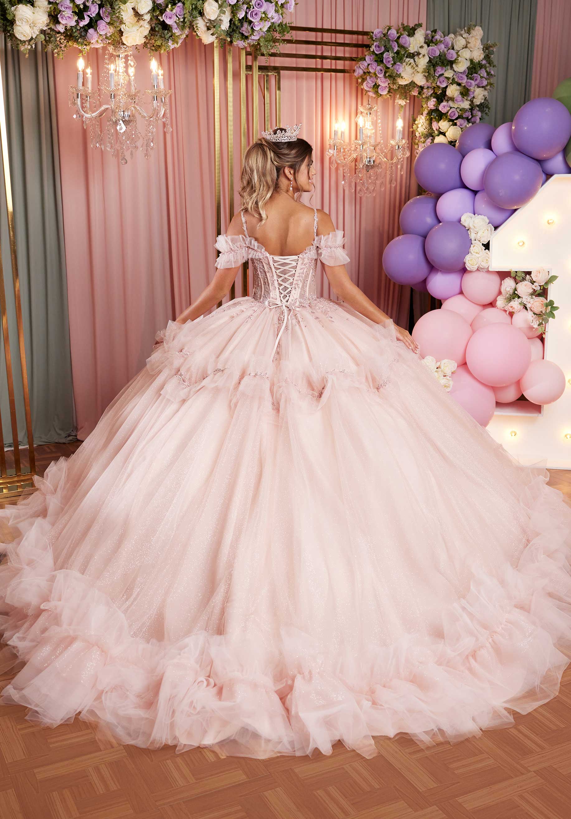 Tiered Ruffle Glitter Tulle Quinceañera Dress with Crystal Floral Embellishments - Image 5