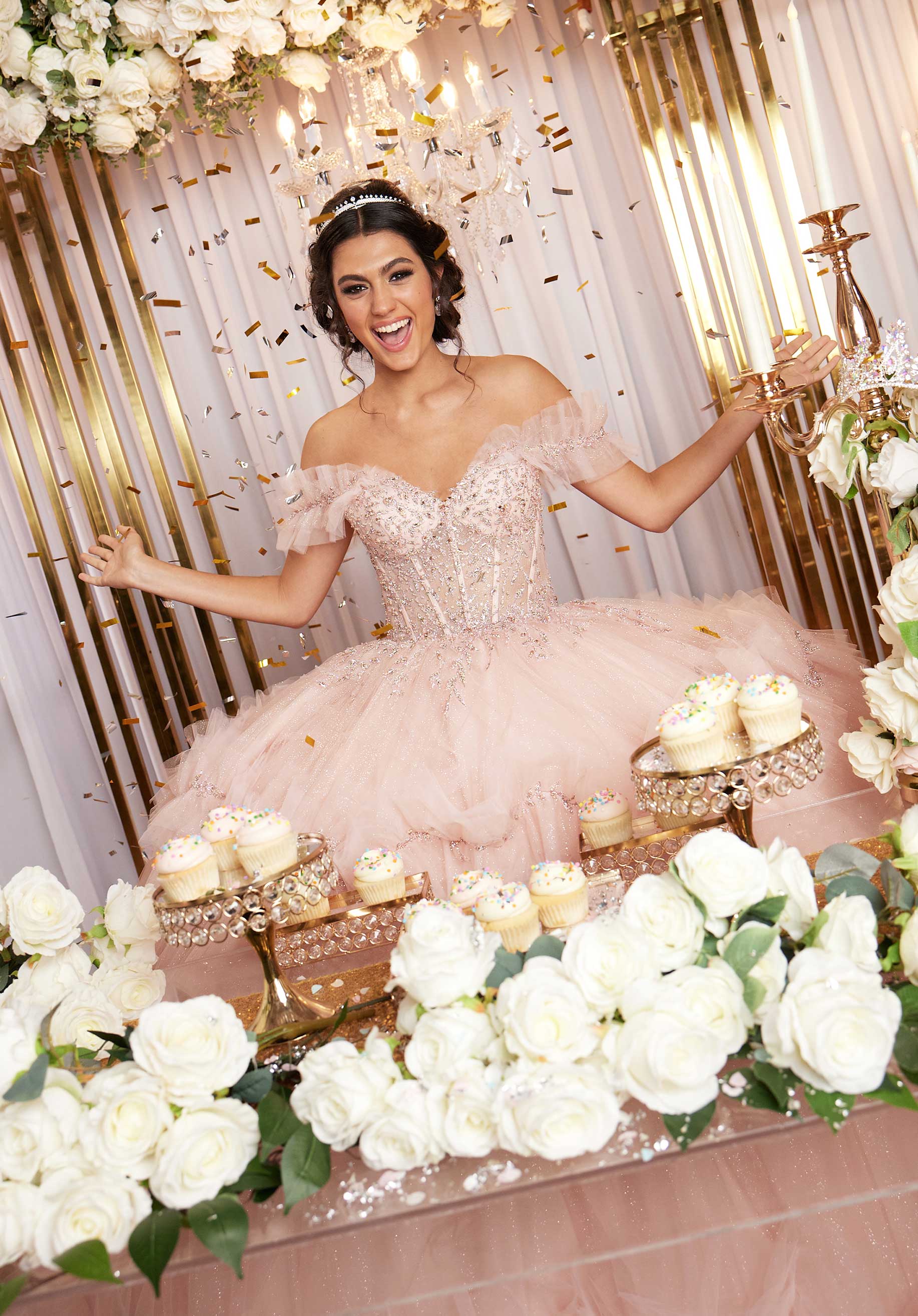 Tiered Ruffle Glitter Tulle Quinceañera Dress with Crystal Floral Embellishments - Image 9