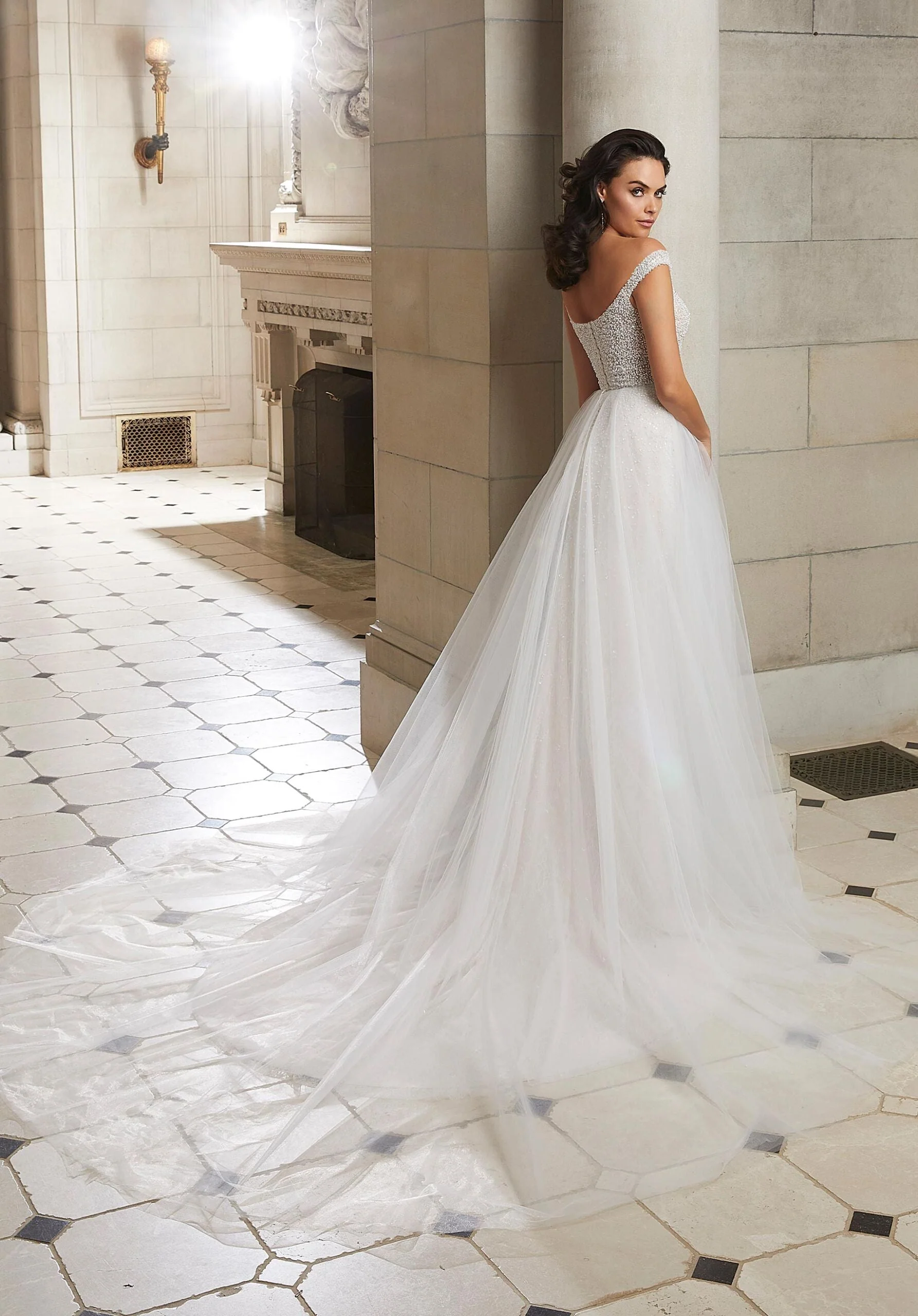 Tulle Overskirt with Pearl and Crystal Beaded Trim
