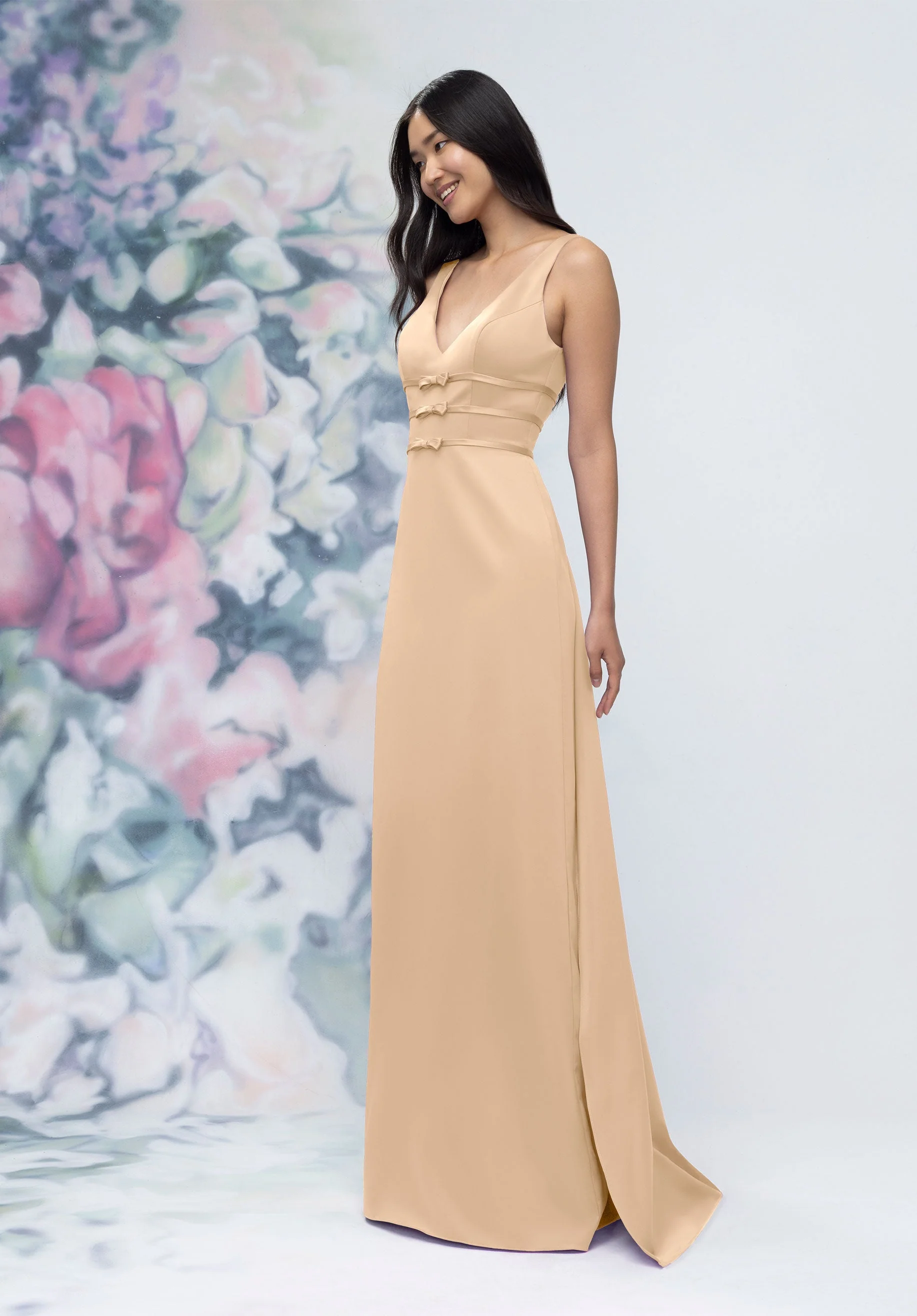 V-Neck Banded Bow Satin Bridesmaid Dress with Detachable Train - Image 15