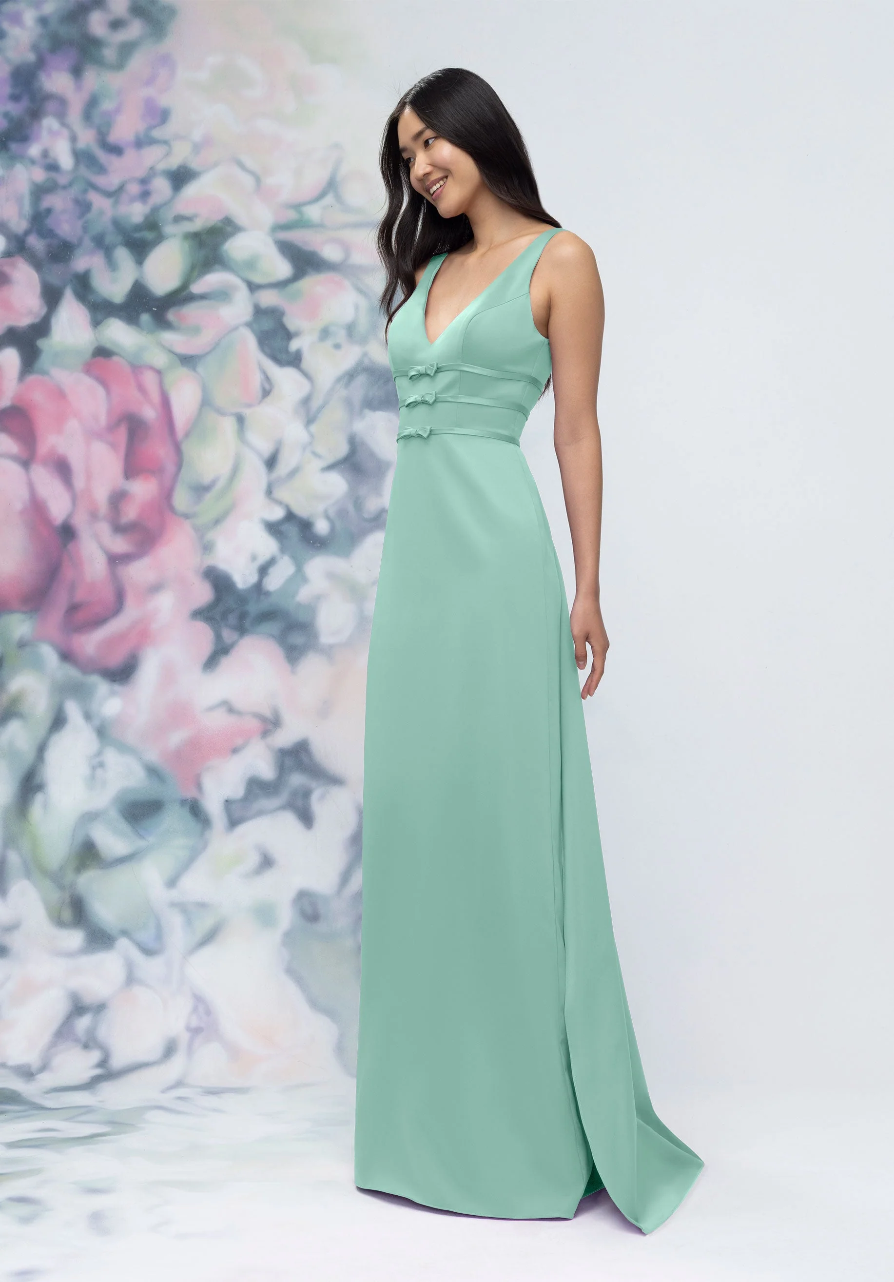 V-Neck Banded Bow Satin Bridesmaid Dress with Detachable Train - Image 33
