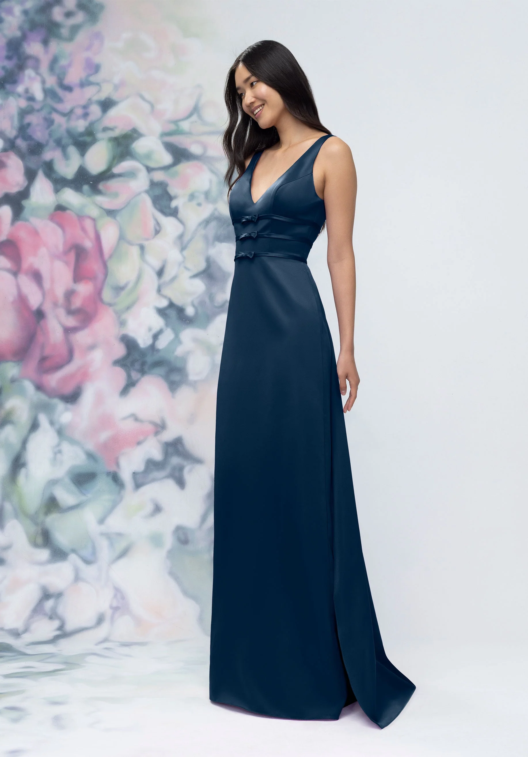 V-Neck Banded Bow Satin Bridesmaid Dress with Detachable Train - Image 36