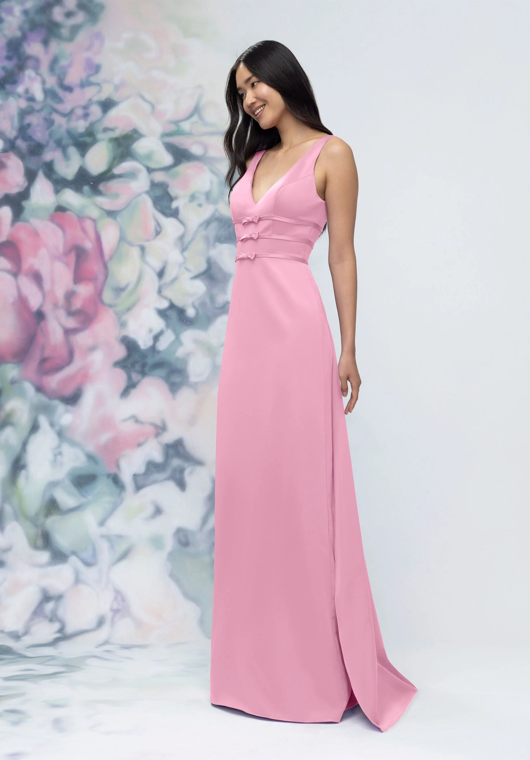 V-Neck Banded Bow Satin Bridesmaid Dress with Detachable Train - Image 38