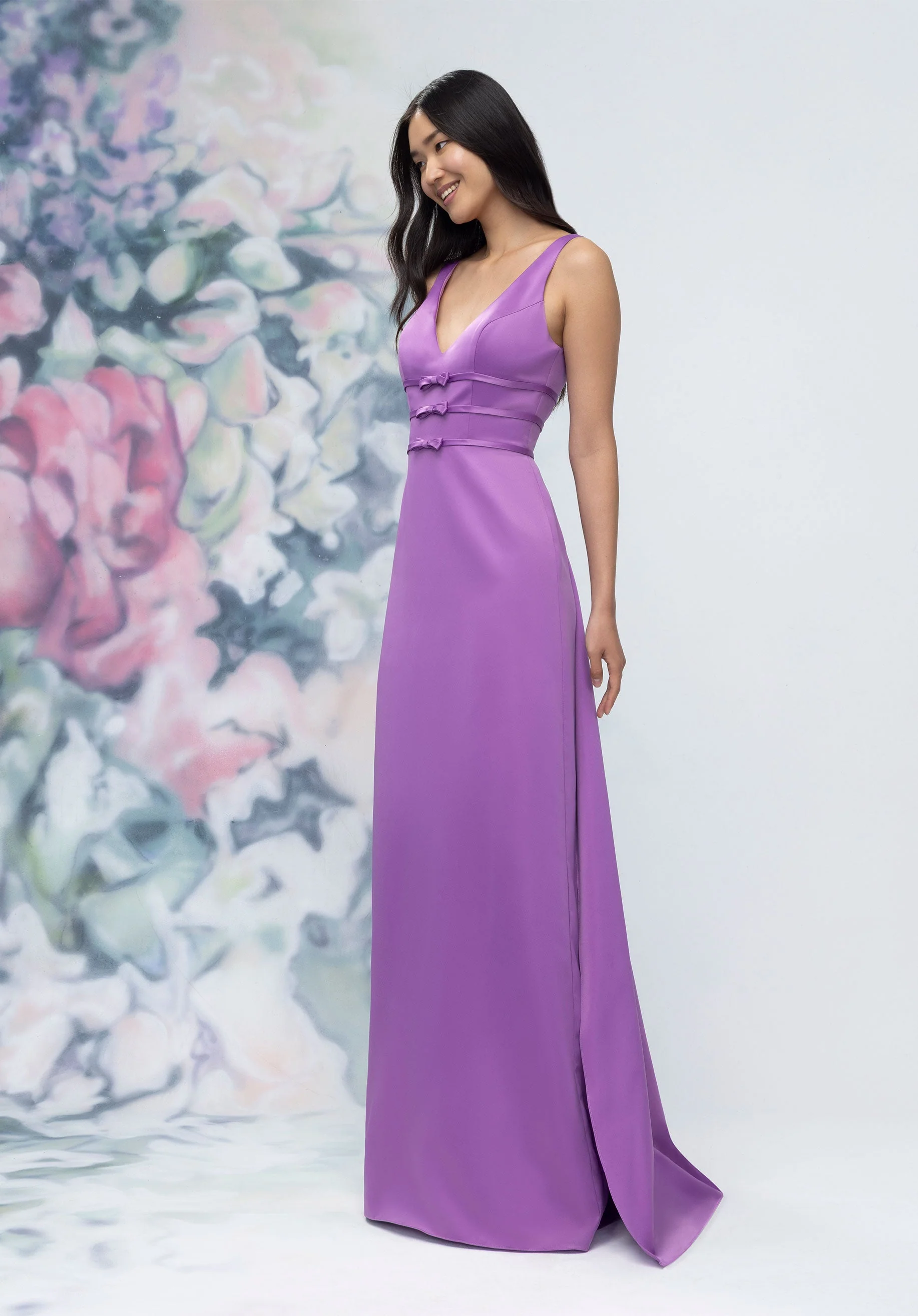 V-Neck Banded Bow Satin Bridesmaid Dress with Detachable Train - Image 39