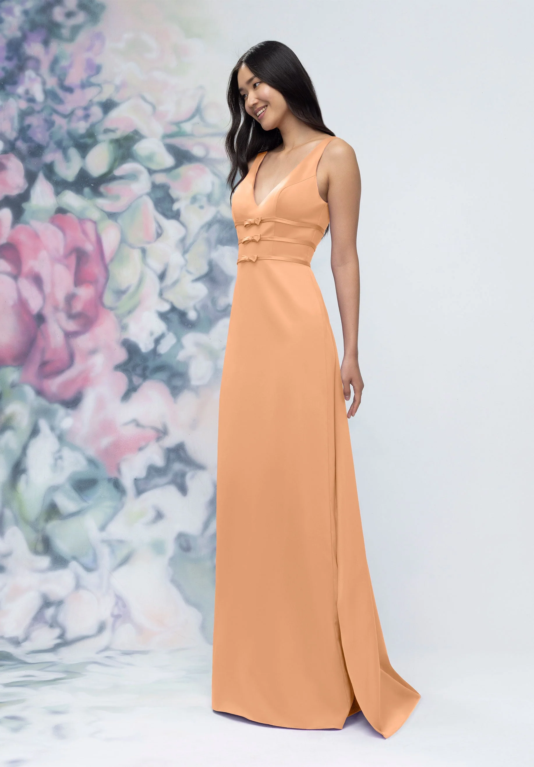 V-Neck Banded Bow Satin Bridesmaid Dress with Detachable Train - Image 48