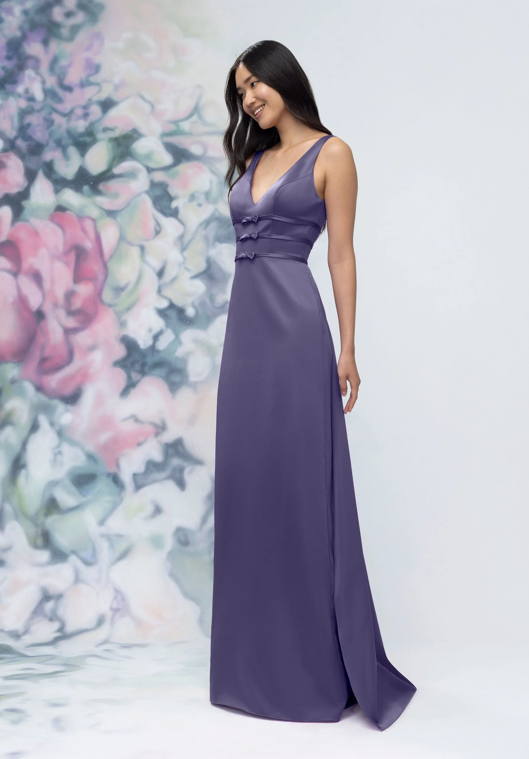 V-Neck Banded Bow Satin Bridesmaid Dress with Detachable Train - Image 50