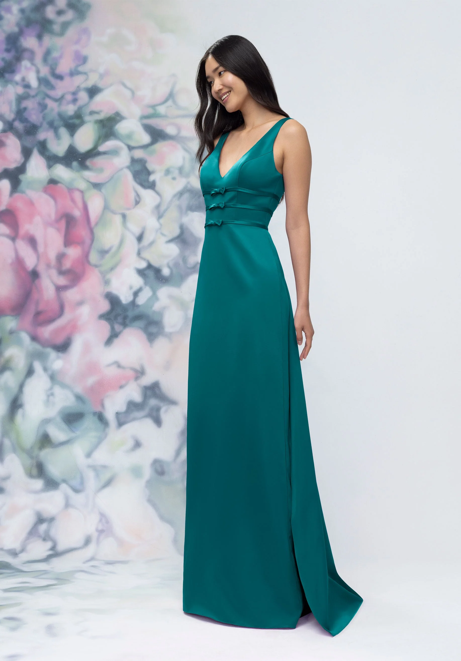 V-Neck Banded Bow Satin Bridesmaid Dress with Detachable Train - Image 51