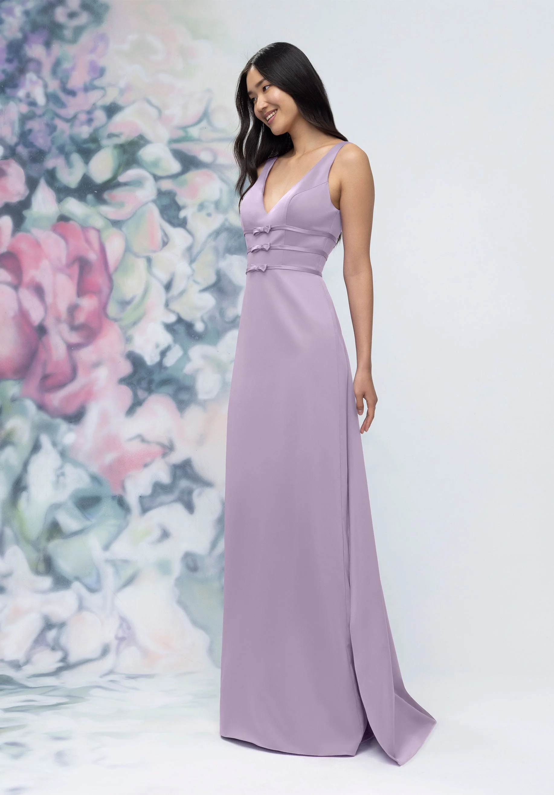V-Neck Banded Bow Satin Bridesmaid Dress with Detachable Train - Image 54