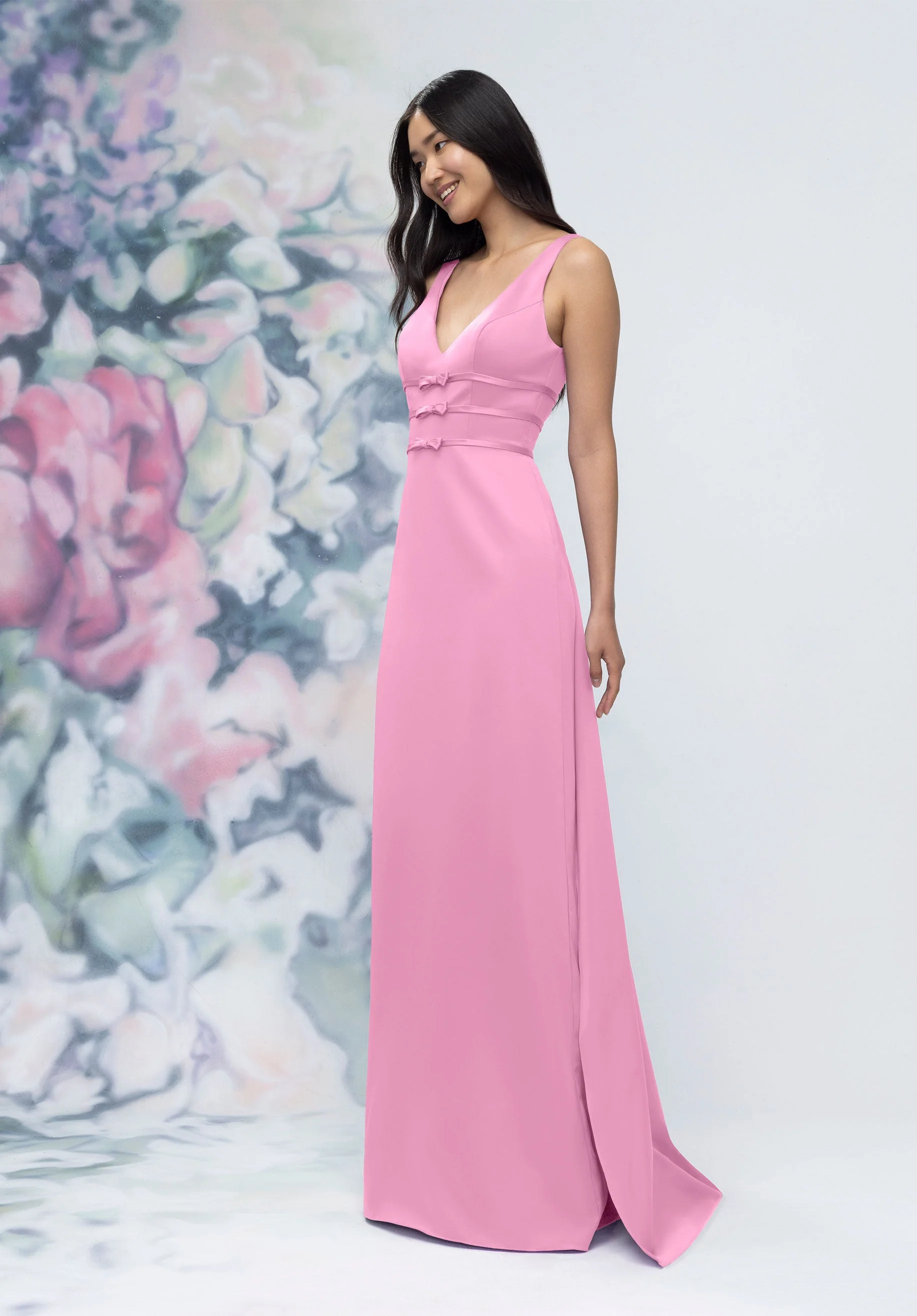 V-Neck Banded Bow Satin Bridesmaid Dress with Detachable Train - Image 8