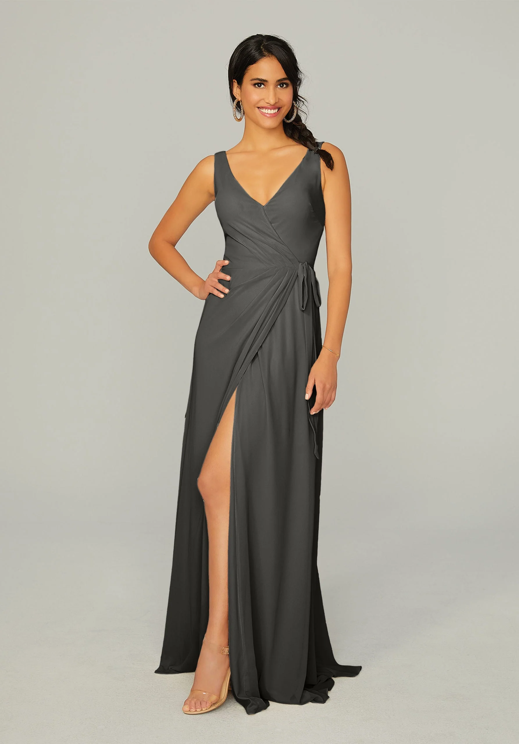 V Neck Chiffon Bridesmaid Dress with Front Skirt Slit - Image 21