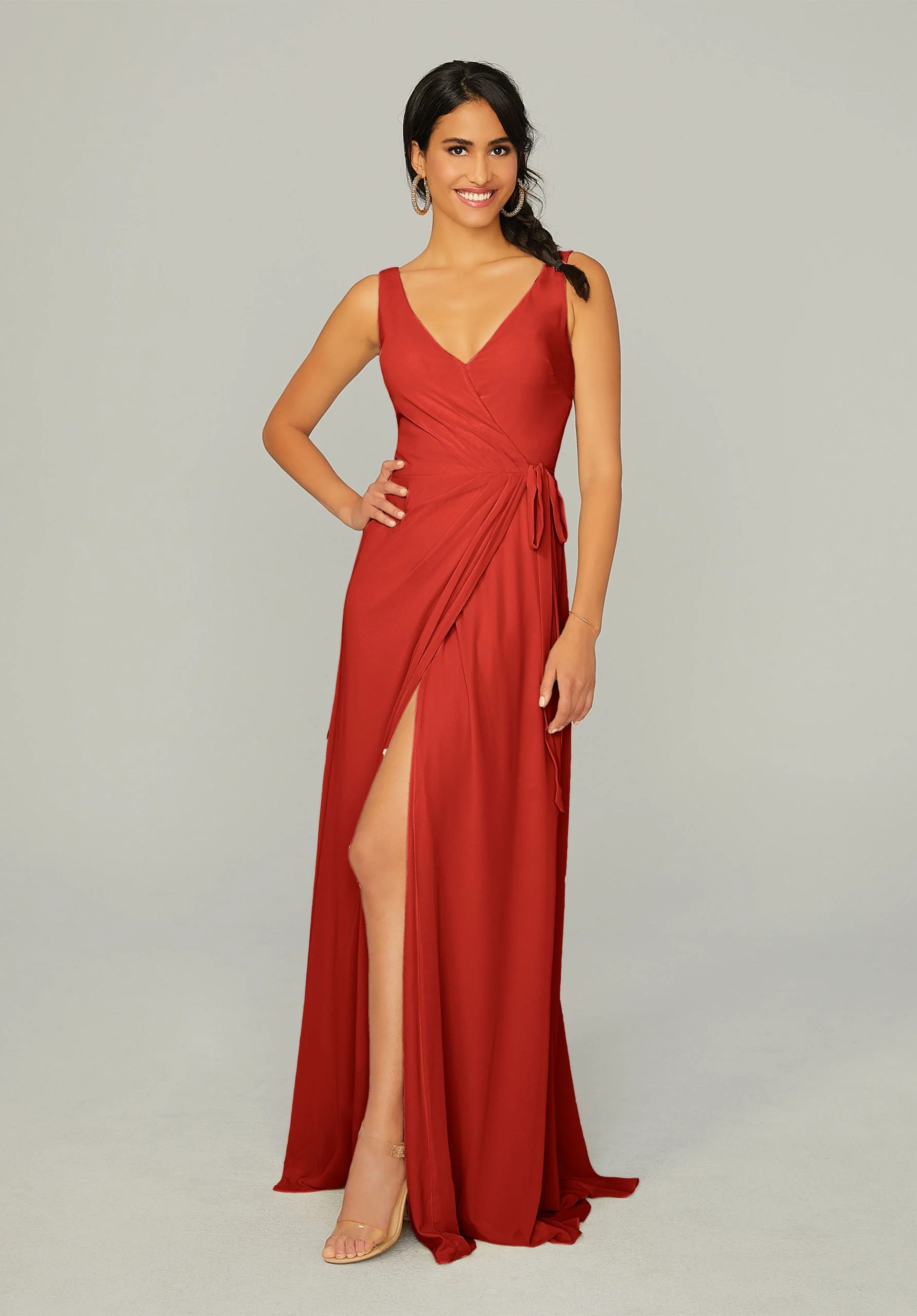 V Neck Chiffon Bridesmaid Dress with Front Skirt Slit - Image 22