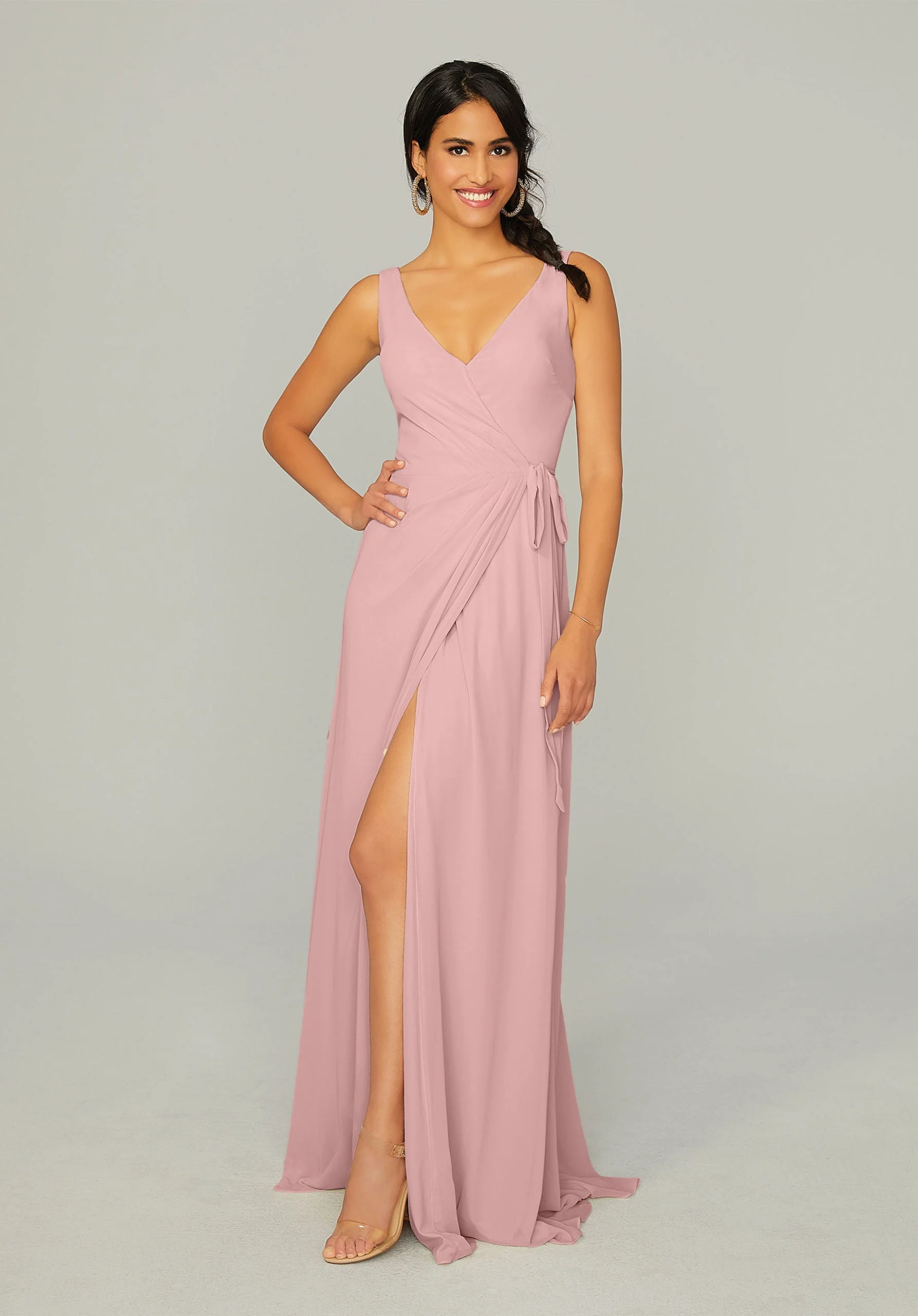 V Neck Chiffon Bridesmaid Dress with Front Skirt Slit - Image 26