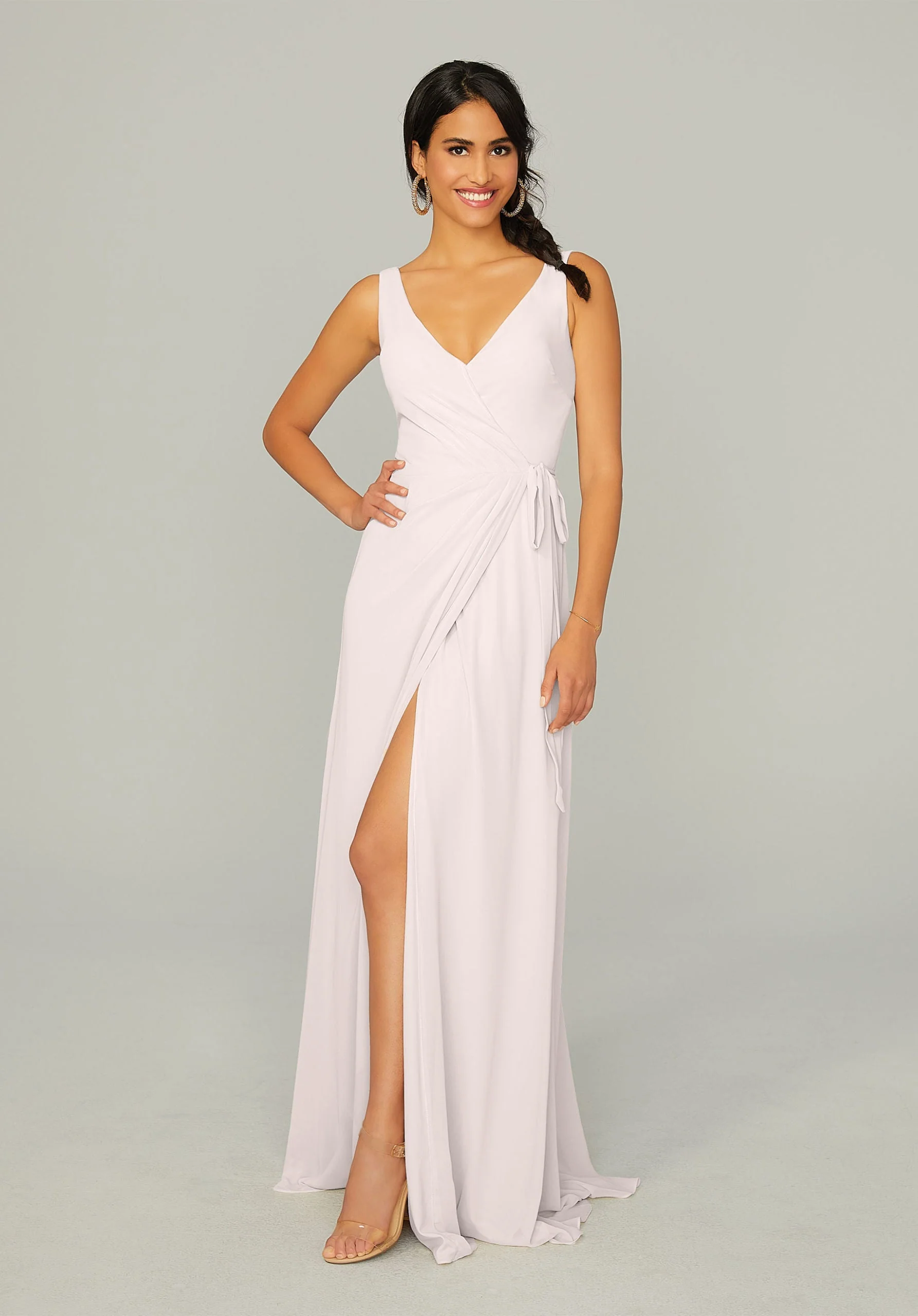 V Neck Chiffon Bridesmaid Dress with Front Skirt Slit - Image 27