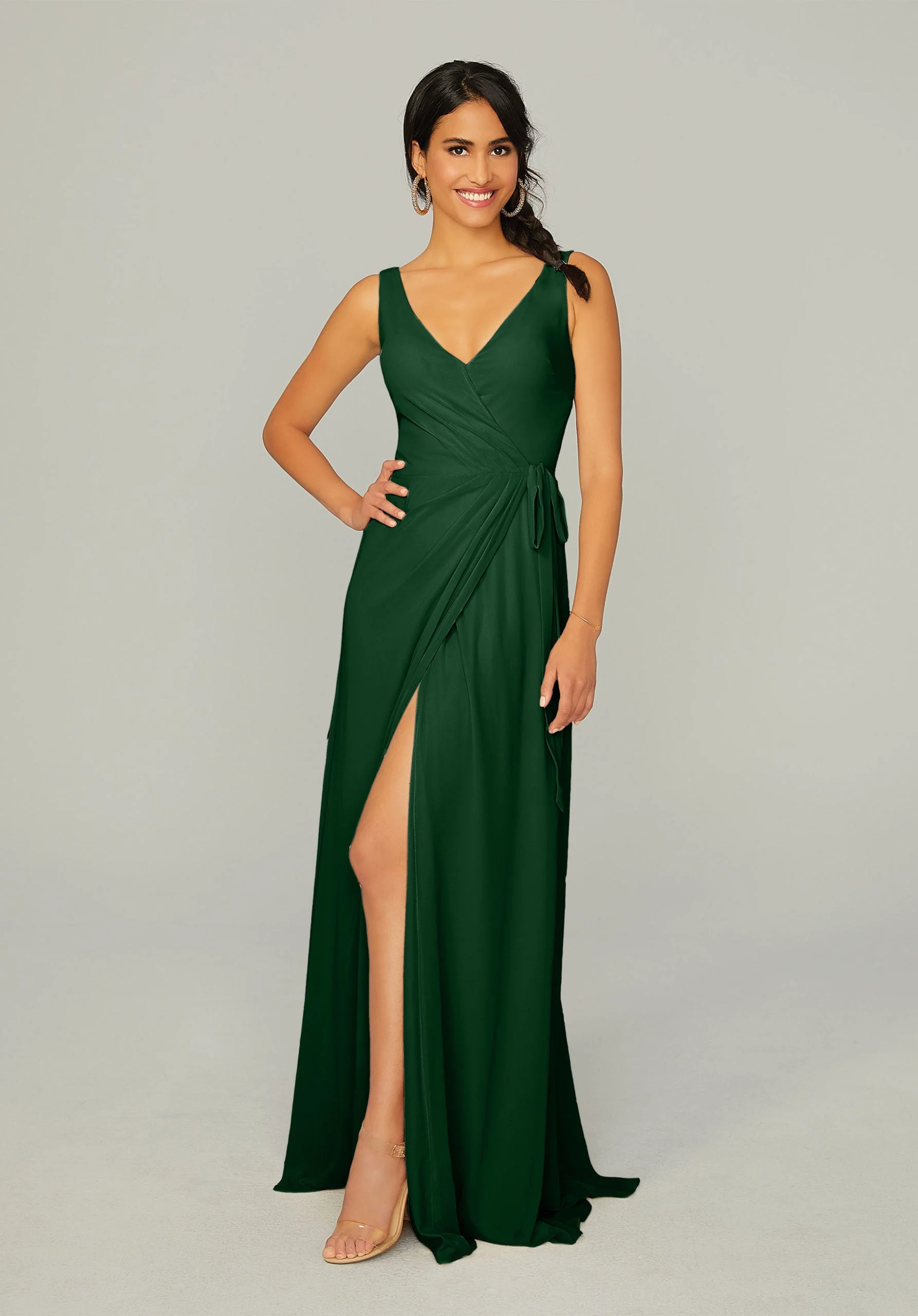 V Neck Chiffon Bridesmaid Dress with Front Skirt Slit - Image 30