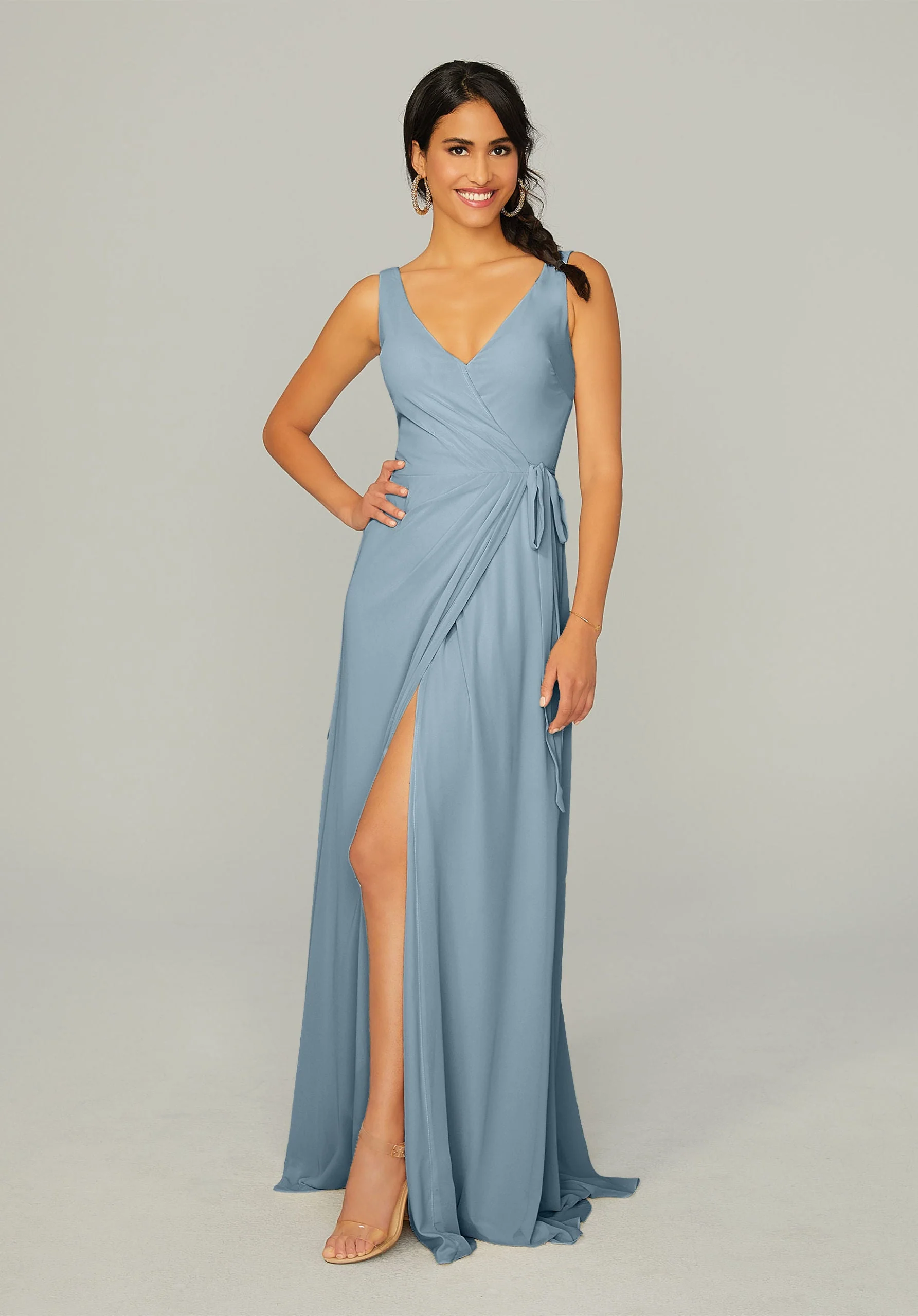 V Neck Chiffon Bridesmaid Dress with Front Skirt Slit - Image 48