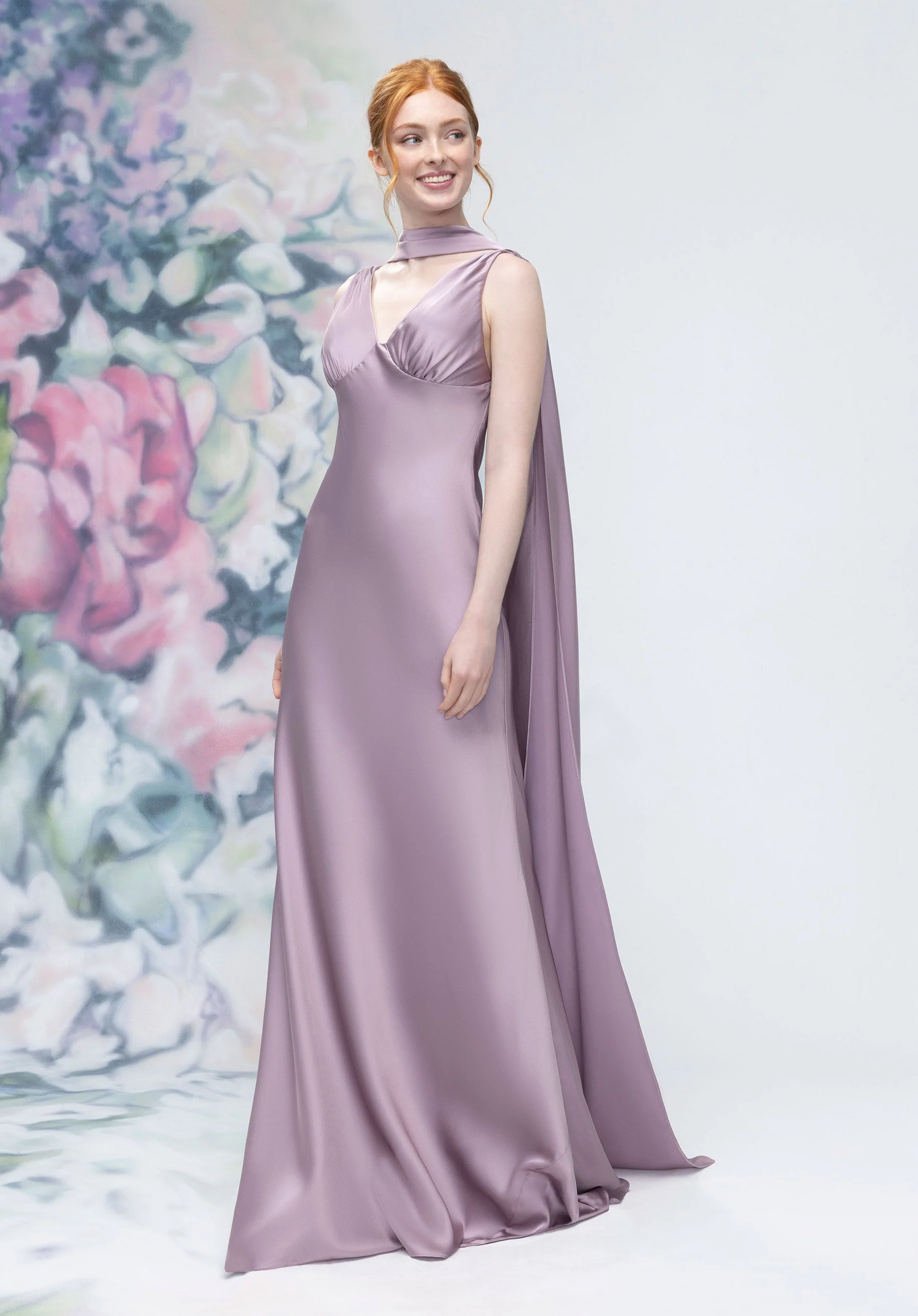V-Neck Empire Waist Open Back Bridesmaid Dress with Neck Scarf
