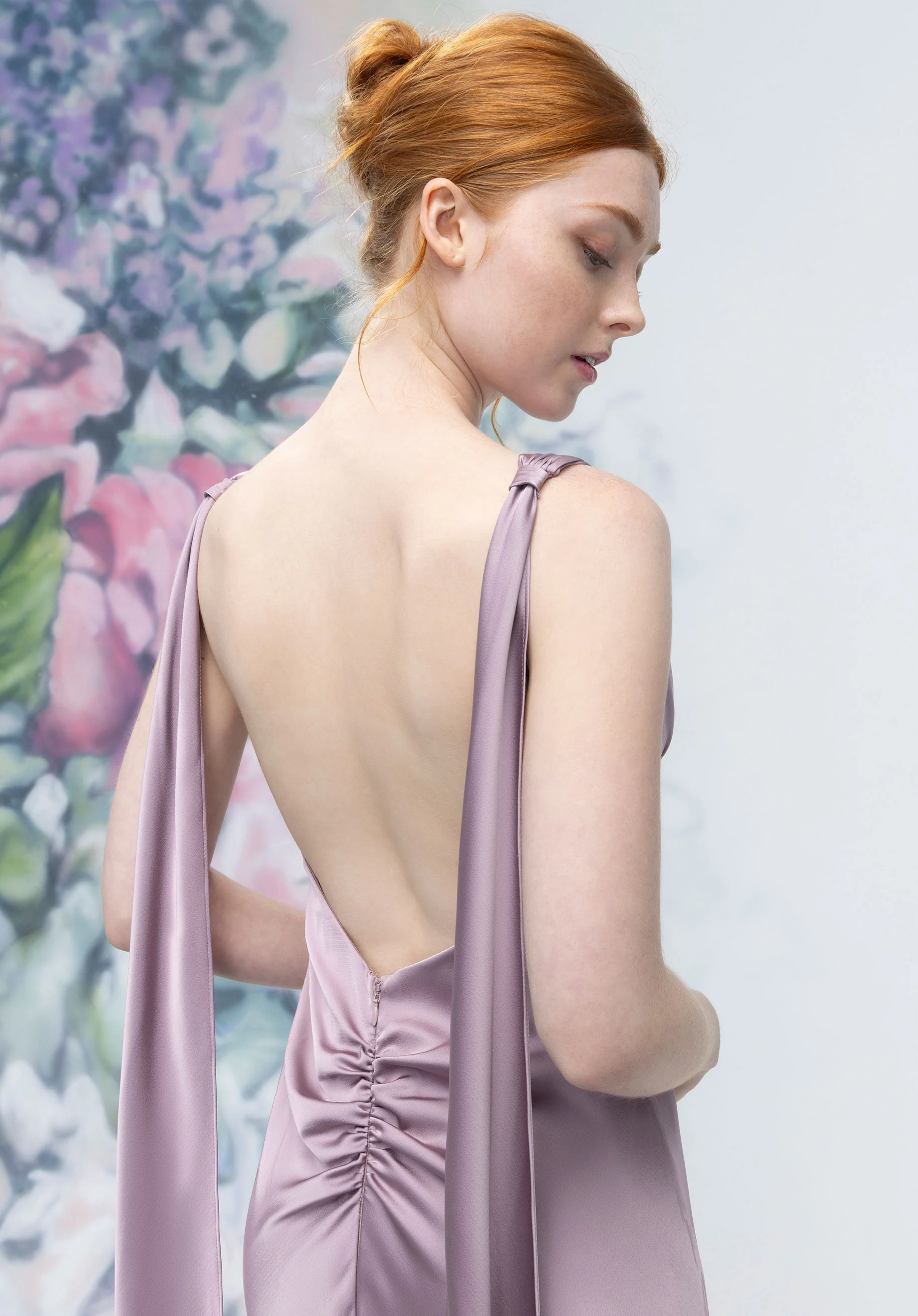 V-Neck Empire Waist Open Back Bridesmaid Dress with Neck Scarf - Image 3