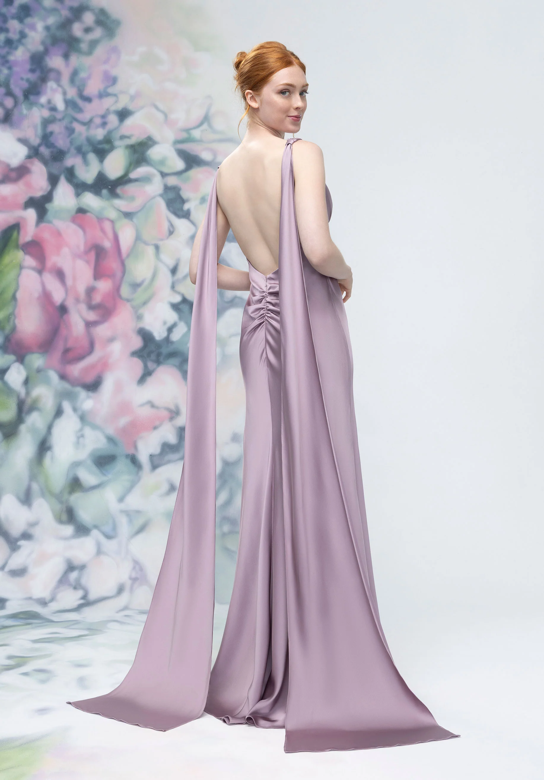V-Neck Empire Waist Open Back Bridesmaid Dress with Neck Scarf - Image 4