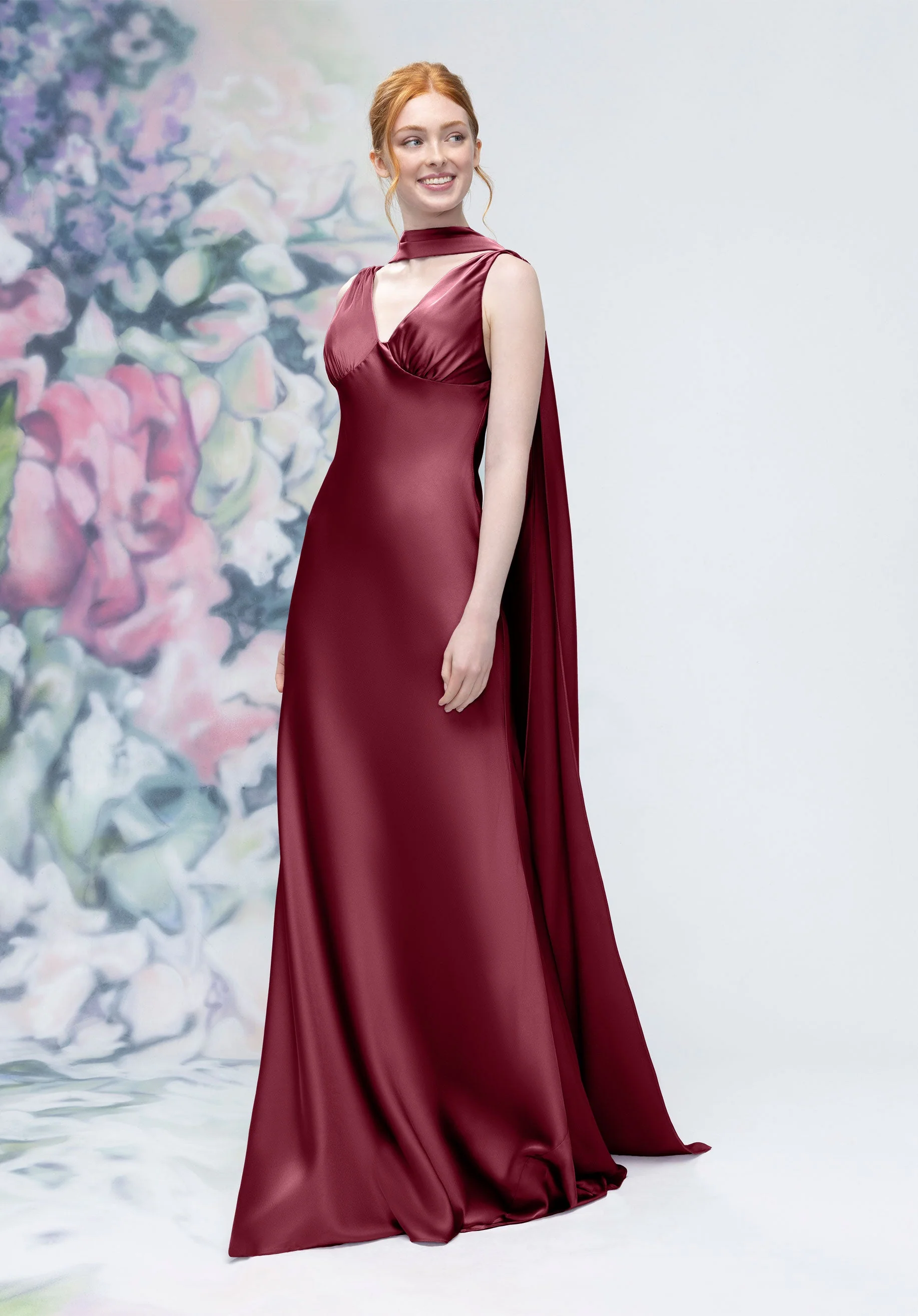 V-Neck Empire Waist Open Back Bridesmaid Dress with Neck Scarf - Image 6