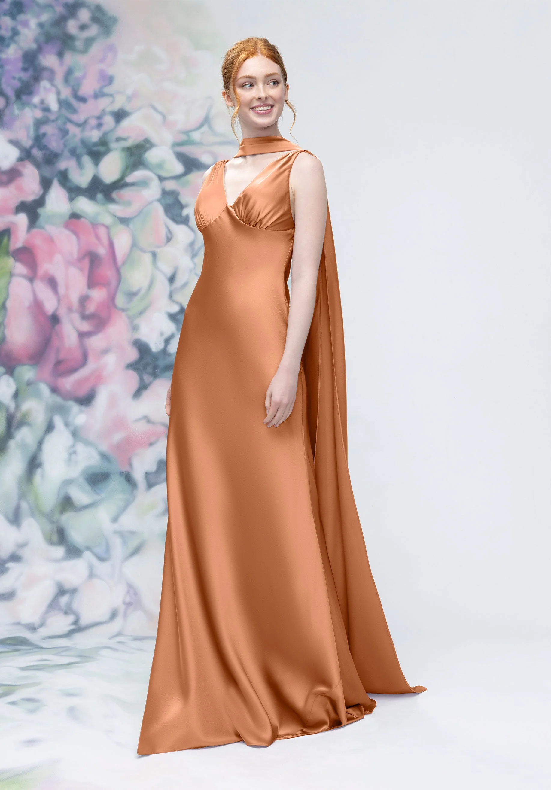 V-Neck Empire Waist Open Back Bridesmaid Dress with Neck Scarf - Image 7