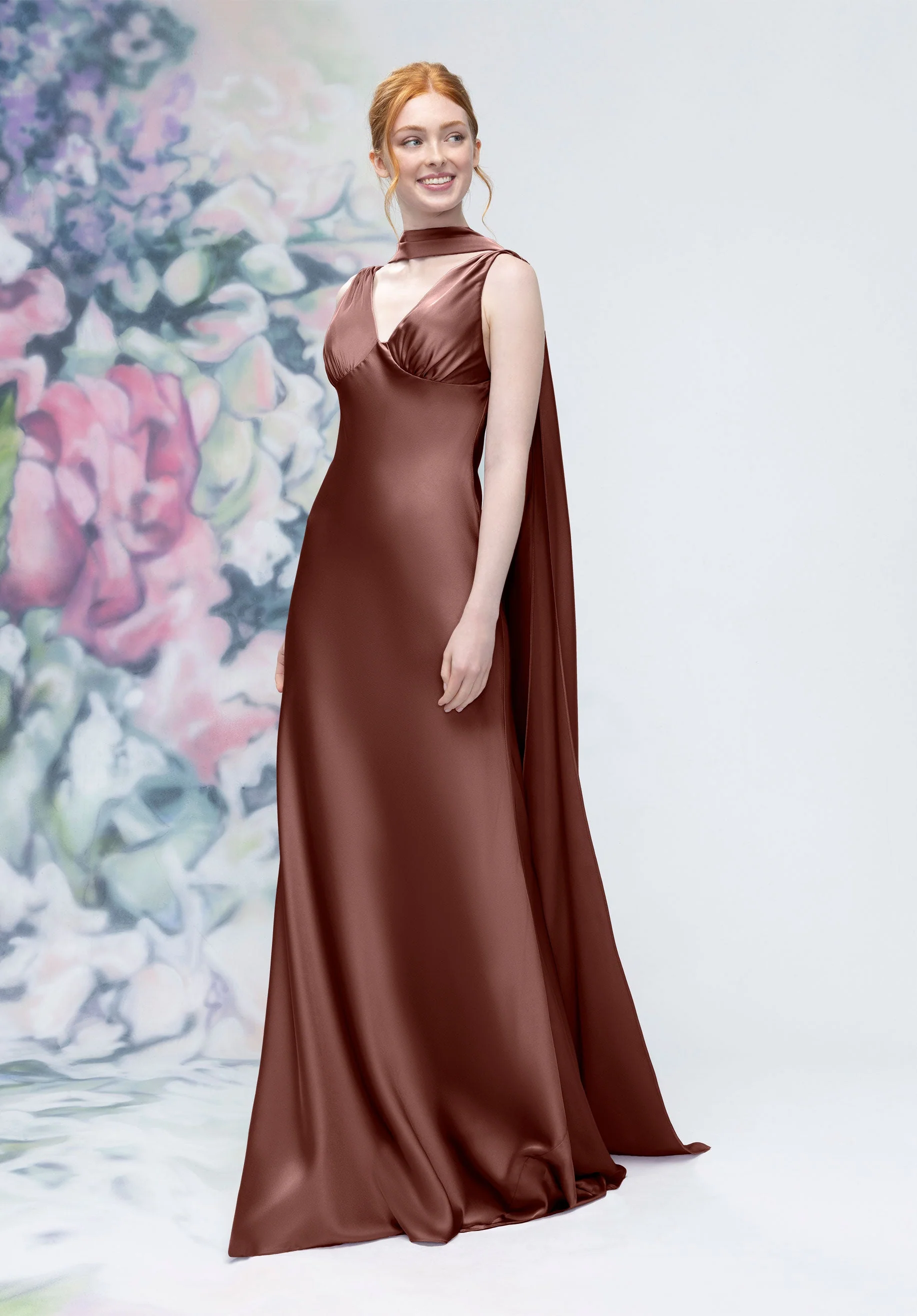 V-Neck Empire Waist Open Back Bridesmaid Dress with Neck Scarf - Image 8