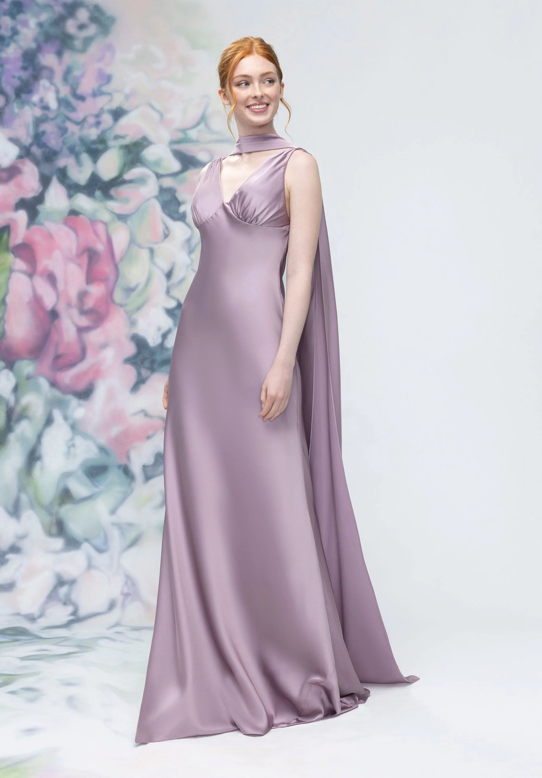 V-Neck Empire Waist Open Back Bridesmaid Dress with Neck Scarf - Image 9