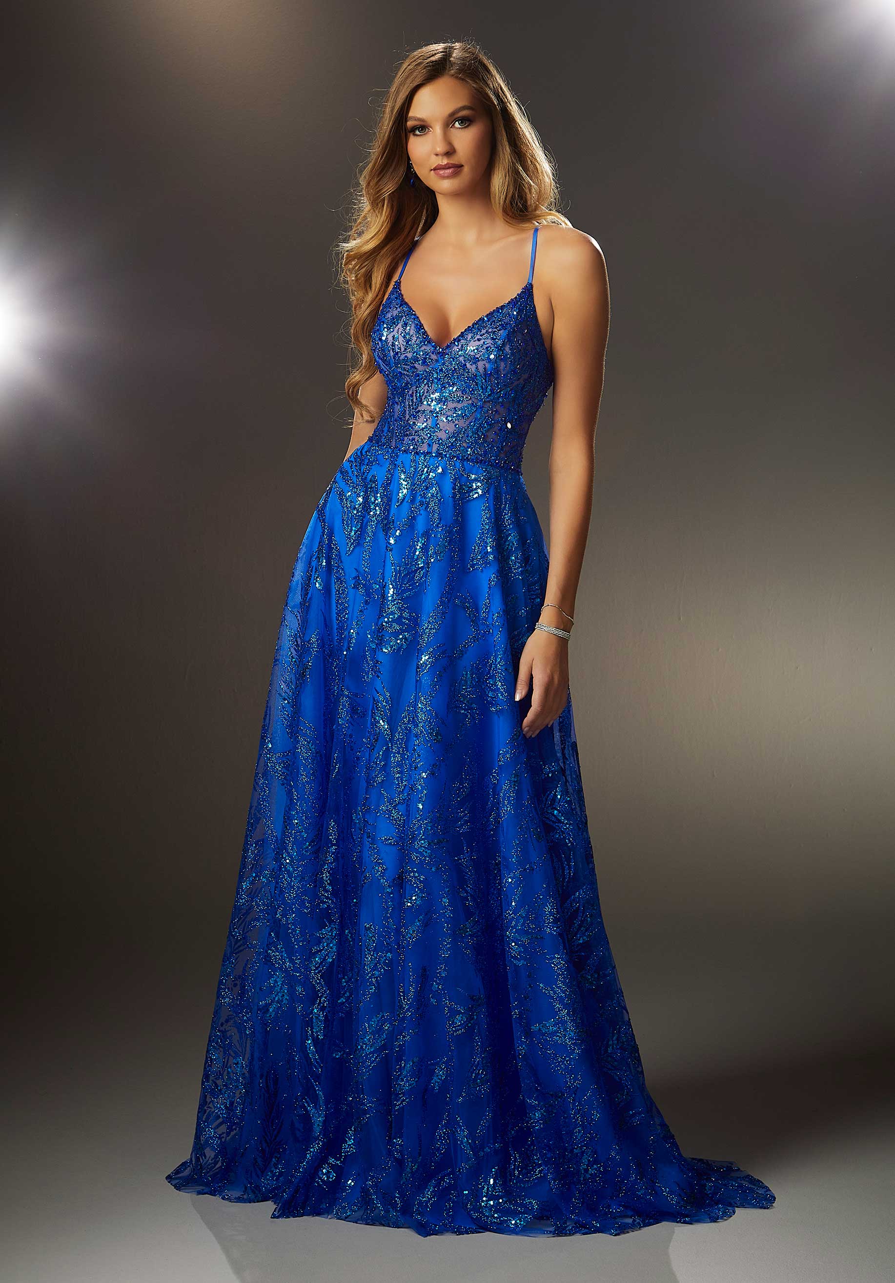 V-Neck Patterned Glitter A-Line Party Dress with Beaded Trim - Image 4