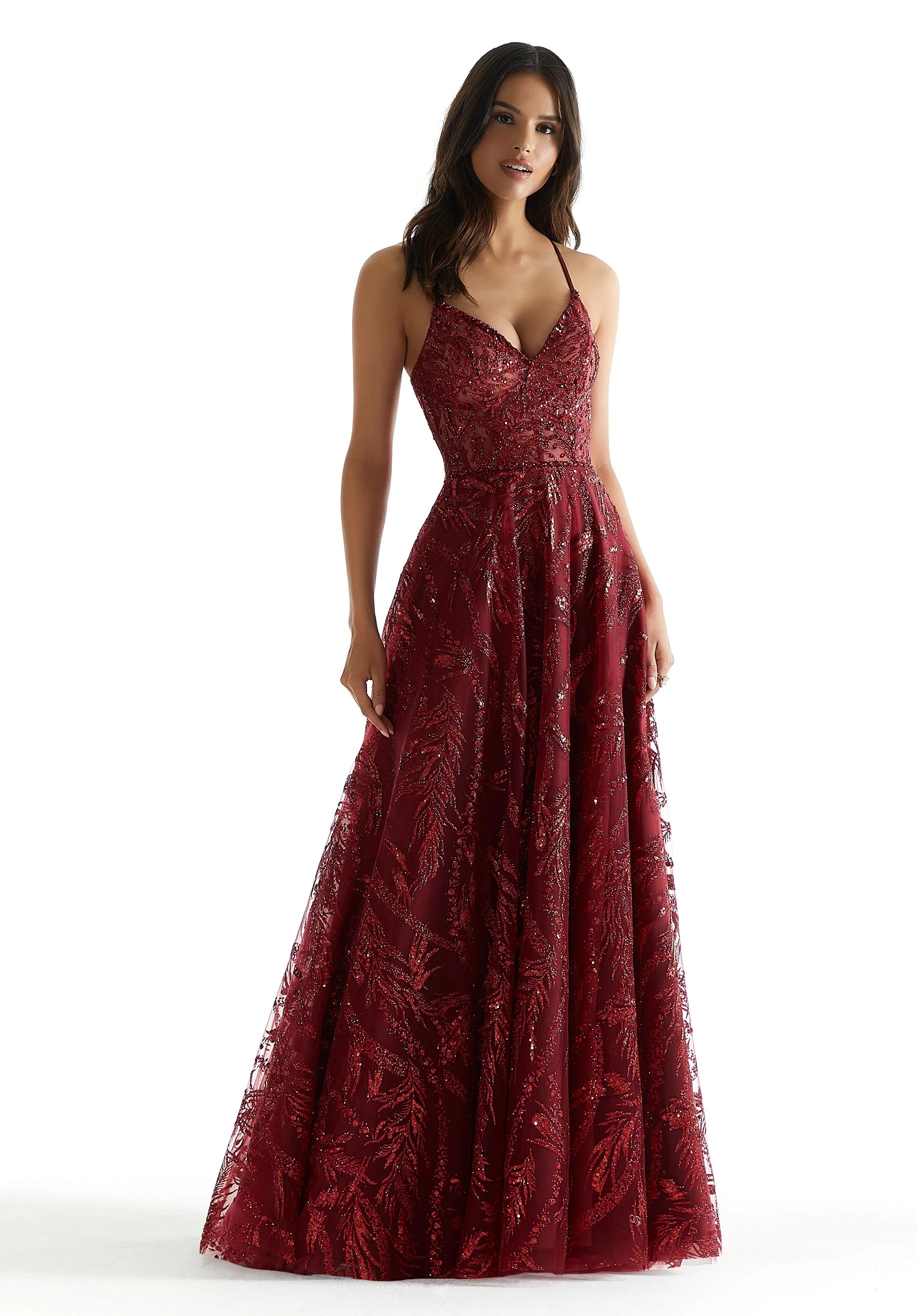 V-Neck Patterned Glitter A-Line Party Dress with Beaded Trim - Image 5