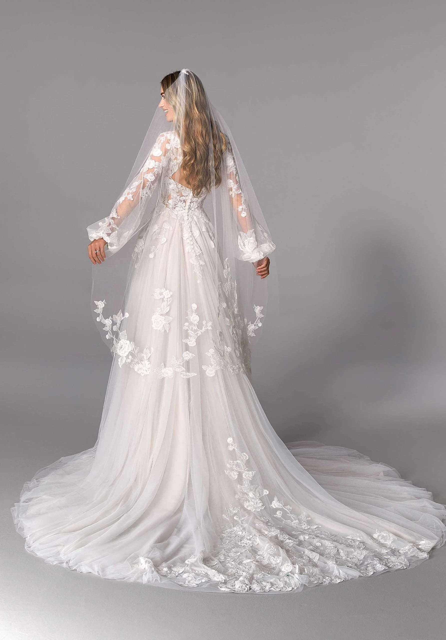 Waltz Length Veil with Beaded Lace - Image 3